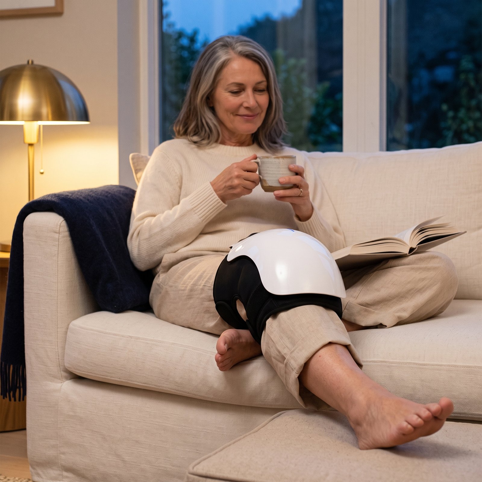 Woman relaxing on her sofa in the evening with the MONKIKA heated knee massager on her knee