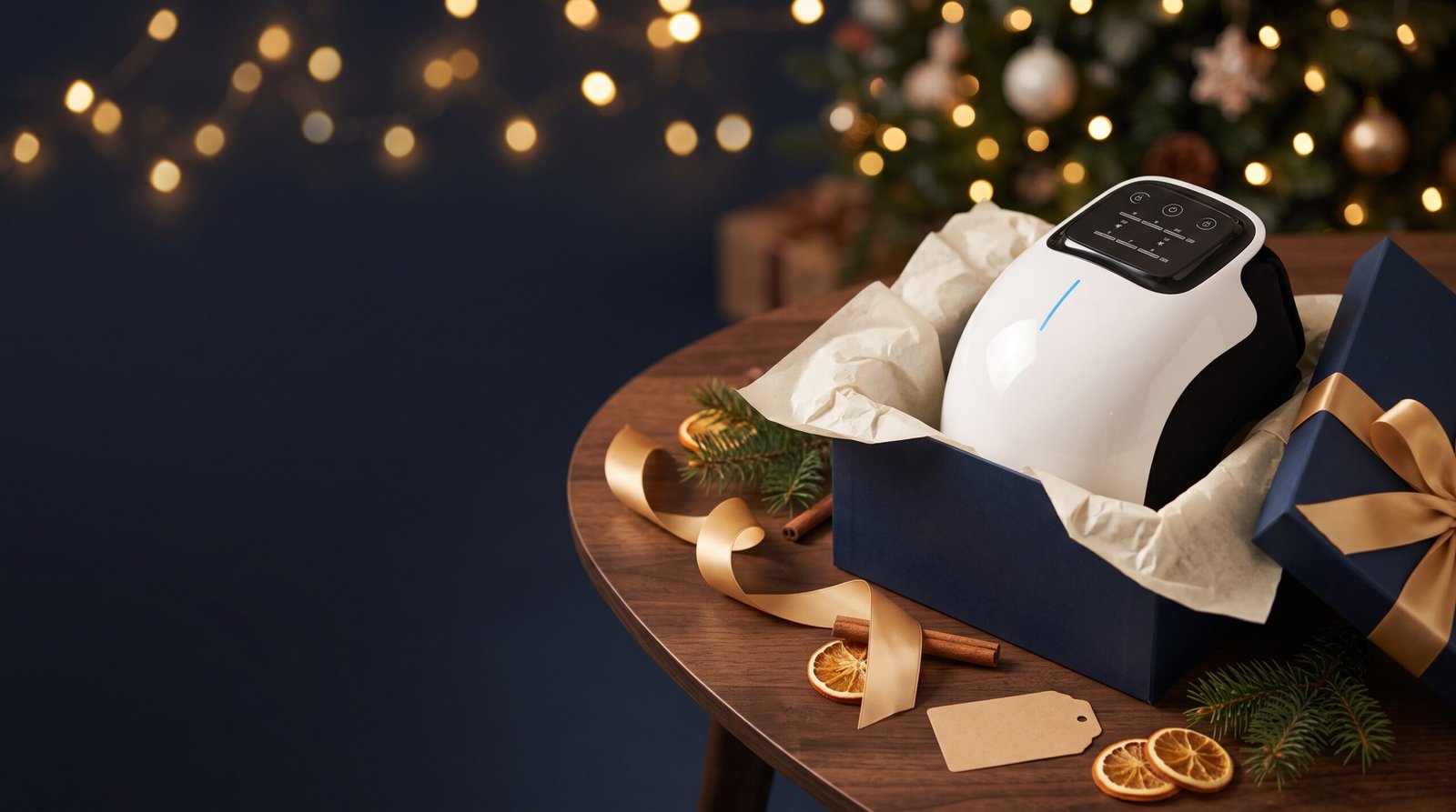 MONKIKA knee massager in a navy gift box with a gold ribbon