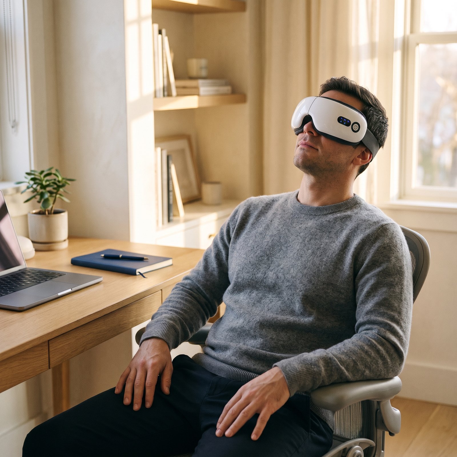 Man resting at his desk after work with the MONKIKA eye massager