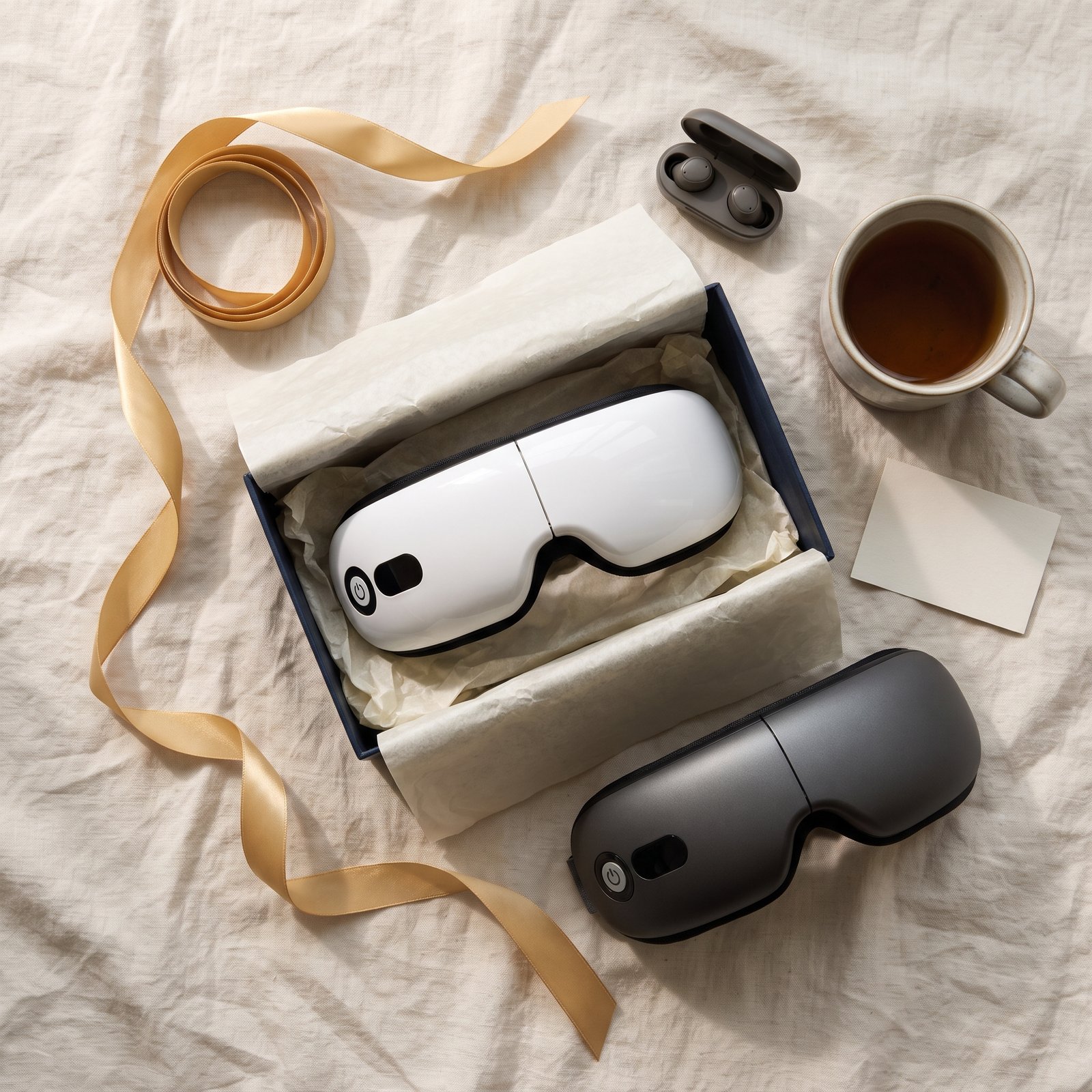 MONKIKA heated eye massagers in a navy gift box with a gold ribbon