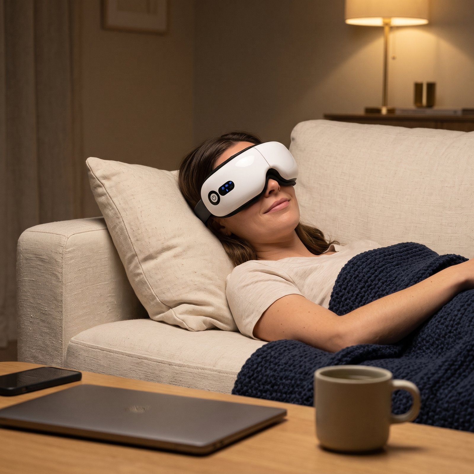 Woman relaxing on the sofa in the evening with the MONKIKA heated eye massager