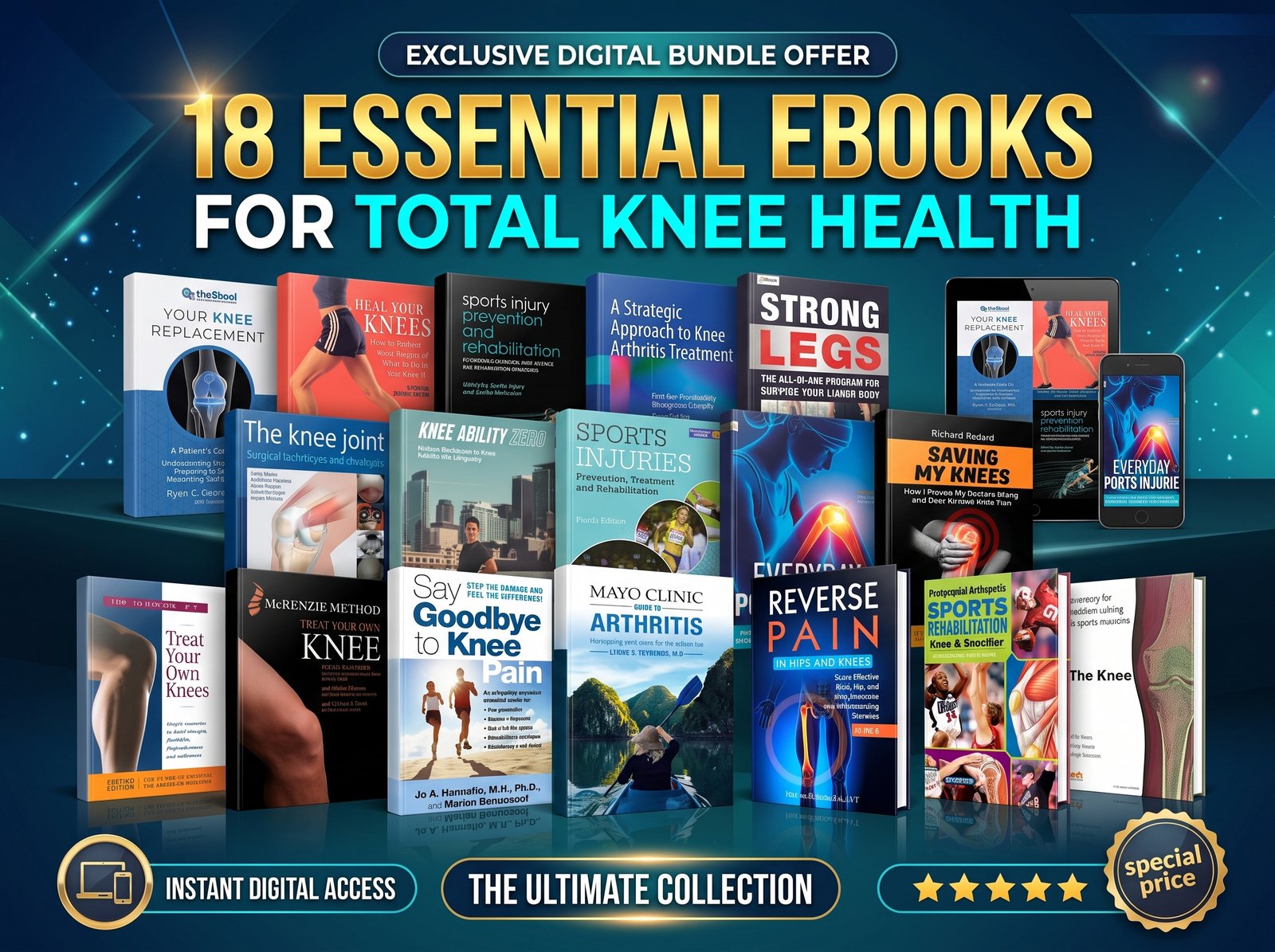 18 knee health ebooks bundle on tablet and phone