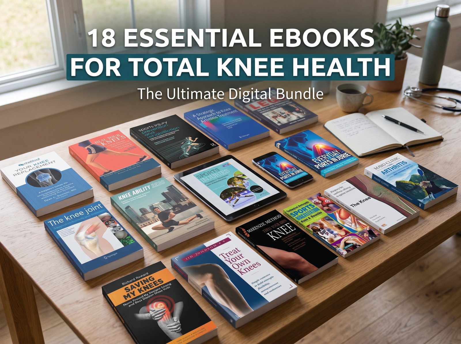 Reading knee health ebooks at home on a tablet