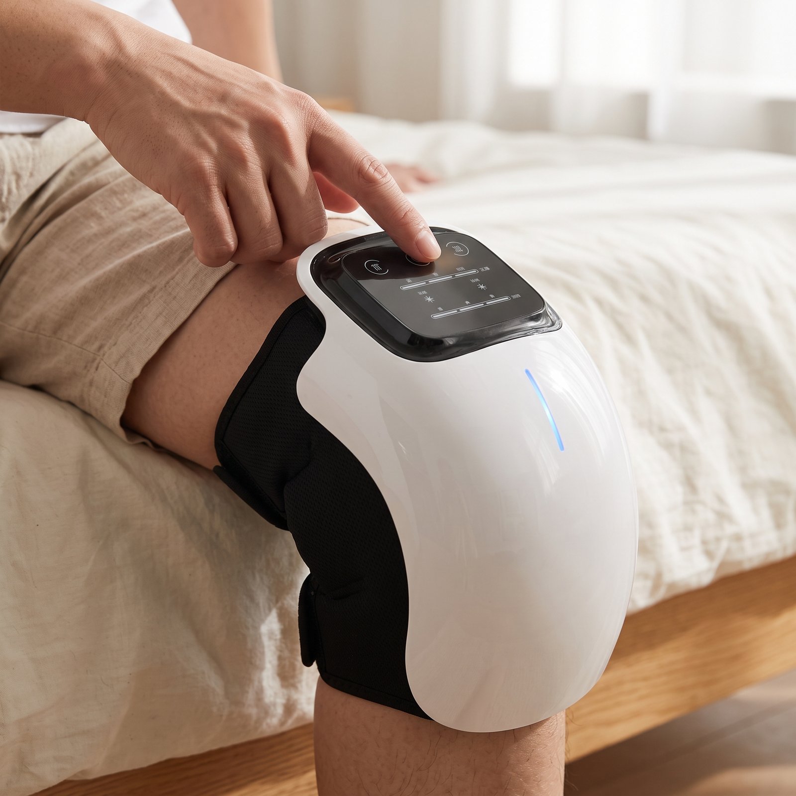 Close-up of the MONKIKA knee massager worn on the knee in the evening