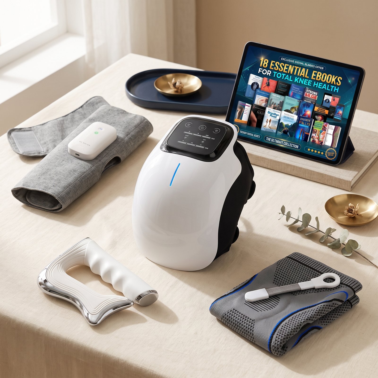 The MONKIKA Complete Ritual: knee massager, heated leg massager, Myofascial Pro, knee compression sleeve and the knee ebooks on a tablet