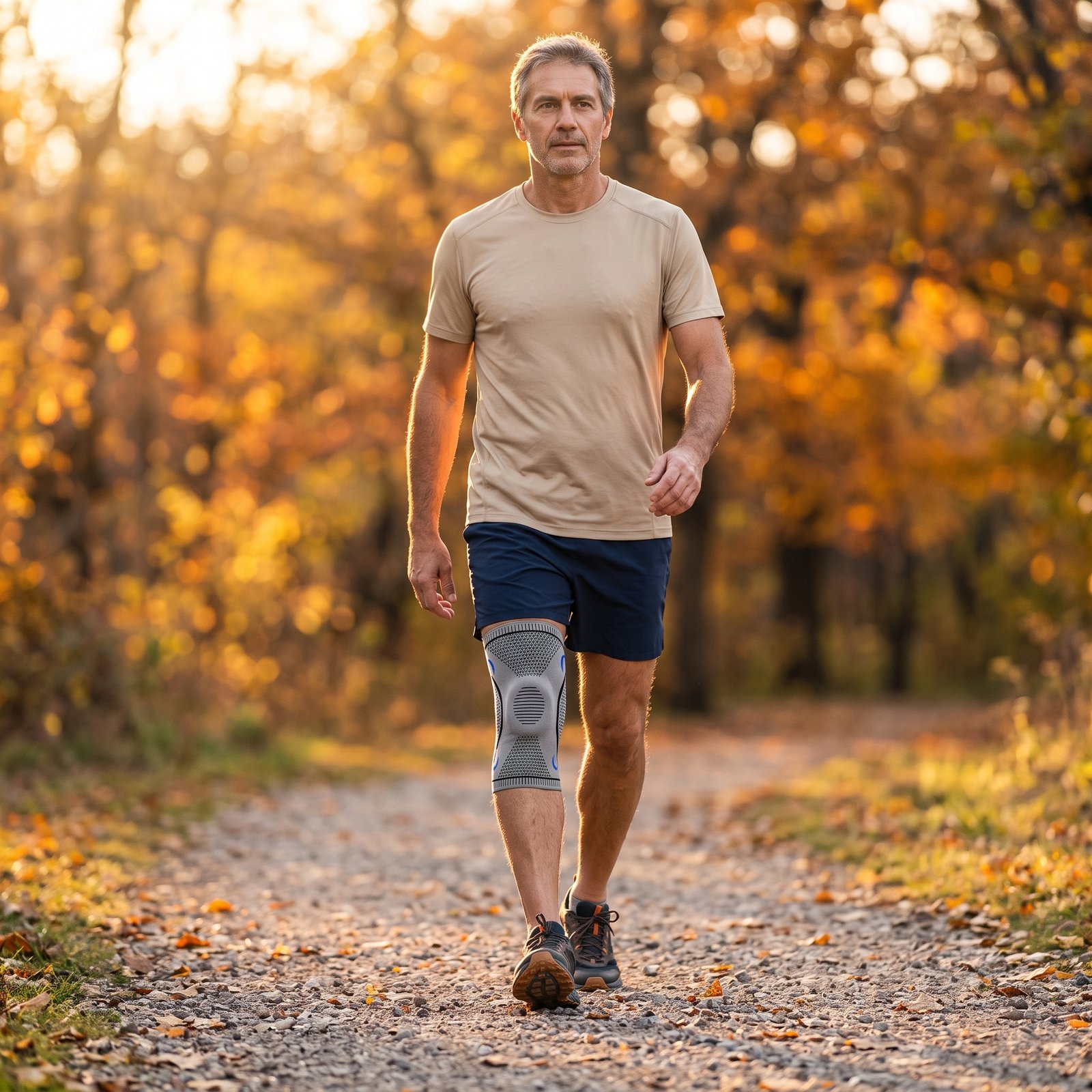 Man walking on an autumn trail wearing the MONKIKA knee compression sleeve