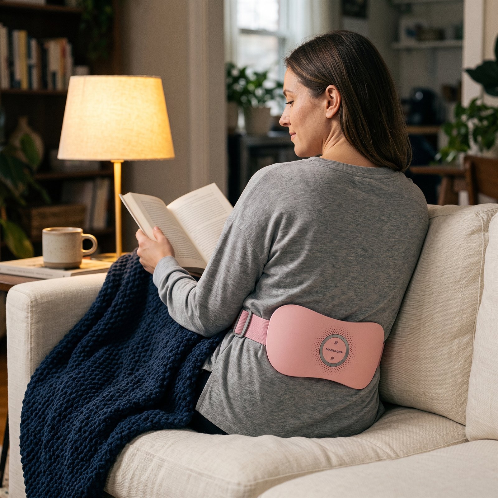 Woman reading on the sofa with the MONKIKA waist massager on her lower back
