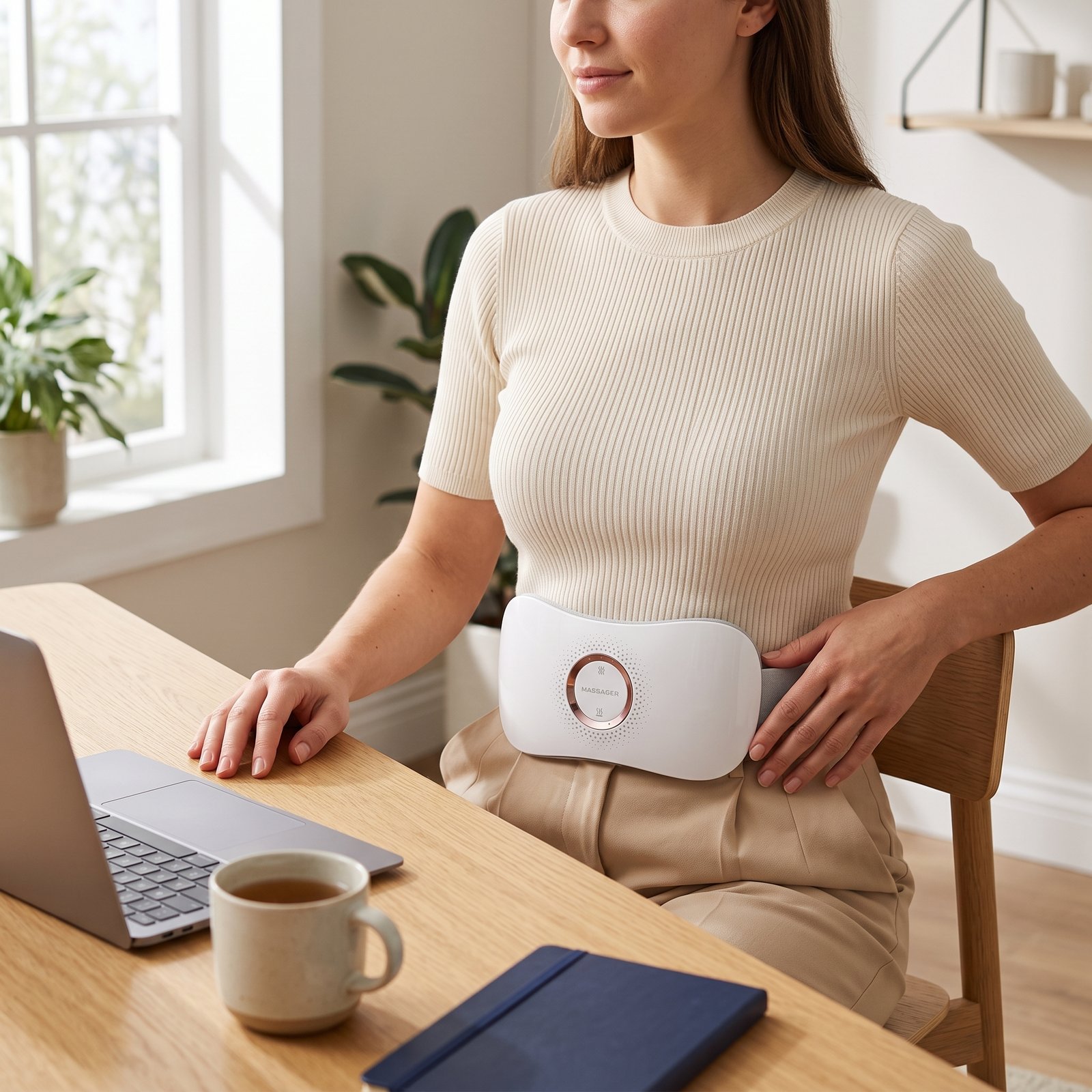 Woman working at her desk wearing the MONKIKA waist massager for period cramps