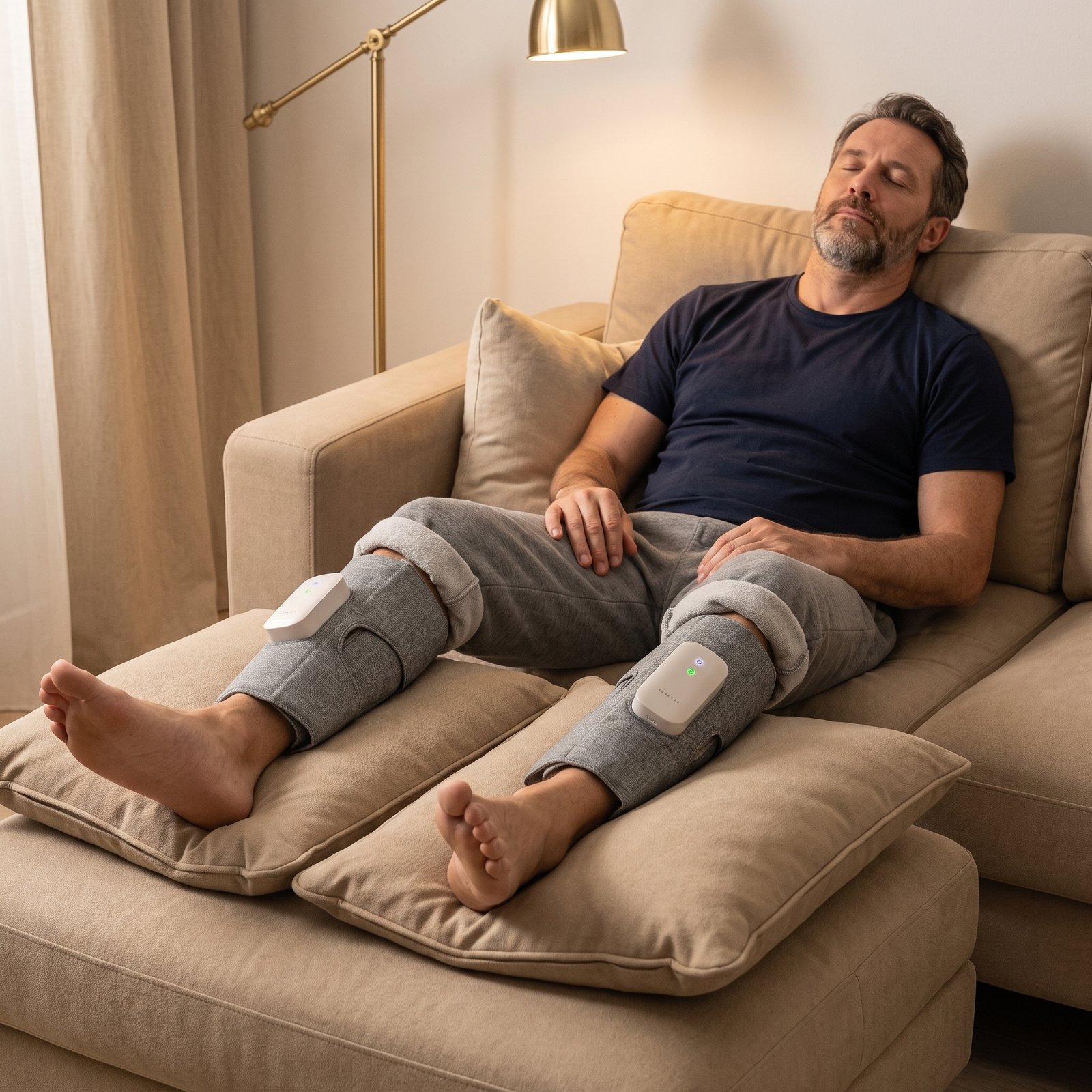 Man resting on the sofa with a MONKIKA heated leg massager on each calf