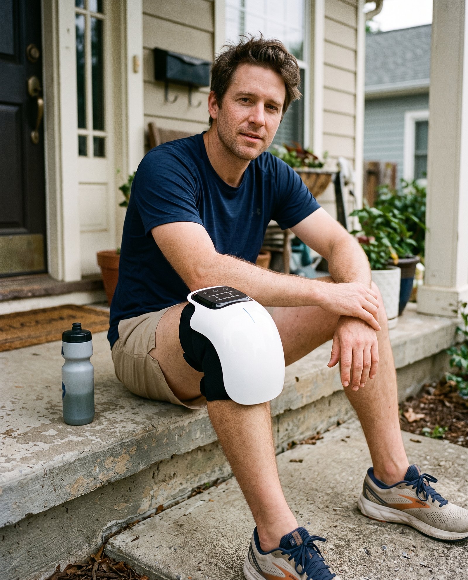 Home 9 Runner sitting on his doorstep after a run with the MONKIKA knee massager