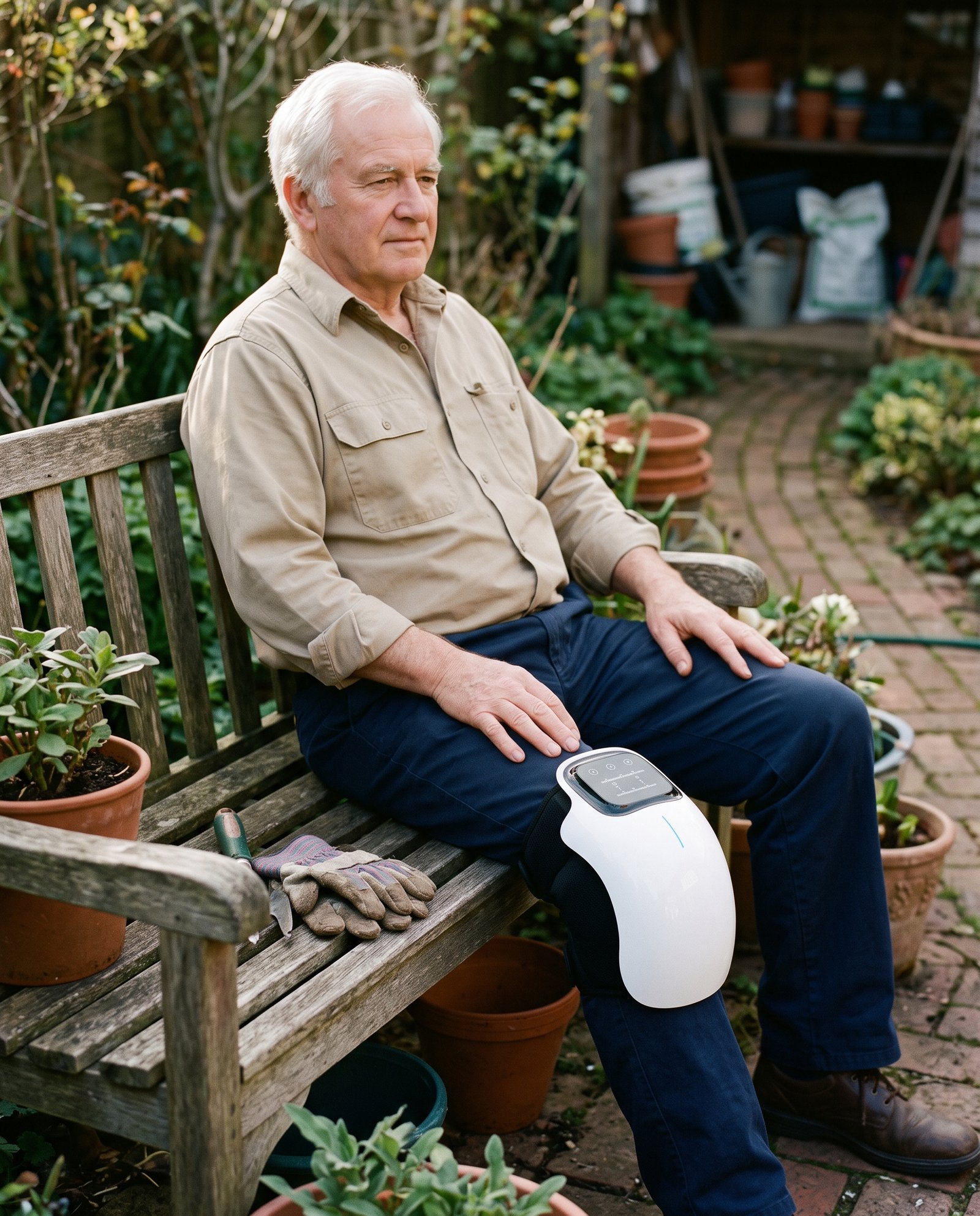Home 10 Retired man on a garden bench using the MONKIKA knee massager